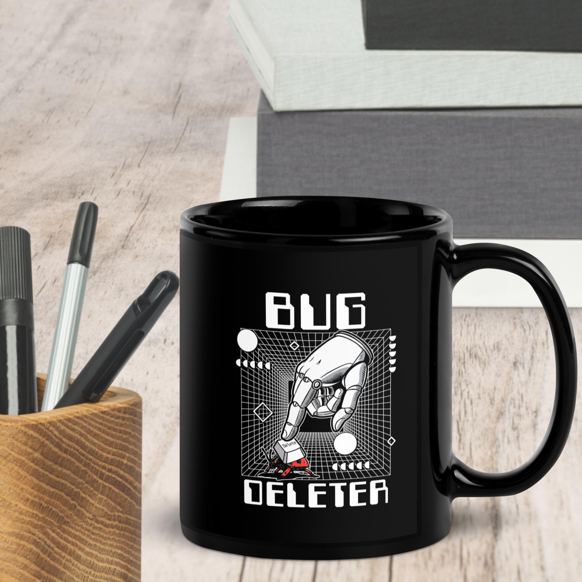 🤖 Bug Deleter: Erase with Precision Black Glossy Mug - Emergence Forge